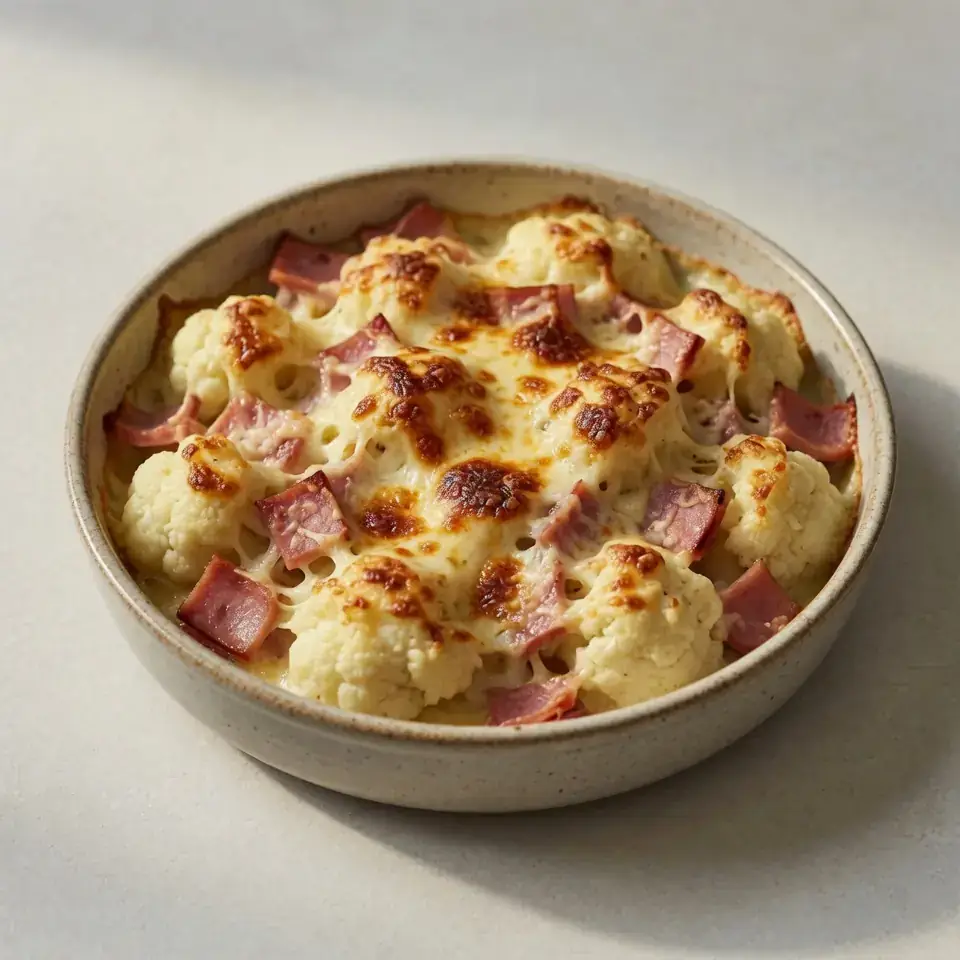 Cremig überbackener Blumenkohl mit Schinken (vegetarisch)