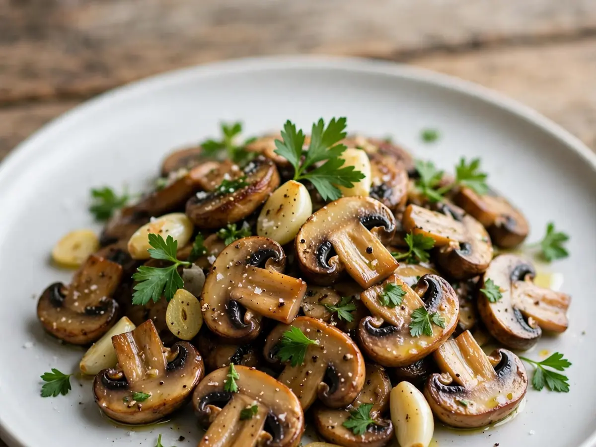 Gebratene Champignons mit Knoblauch und Petersilie