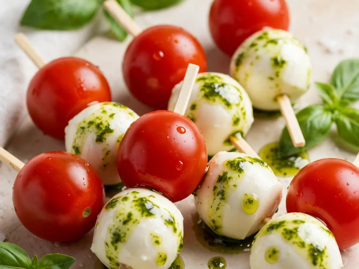 Tomaten-Mozzarella-Spieße mit Basilikum-Öl